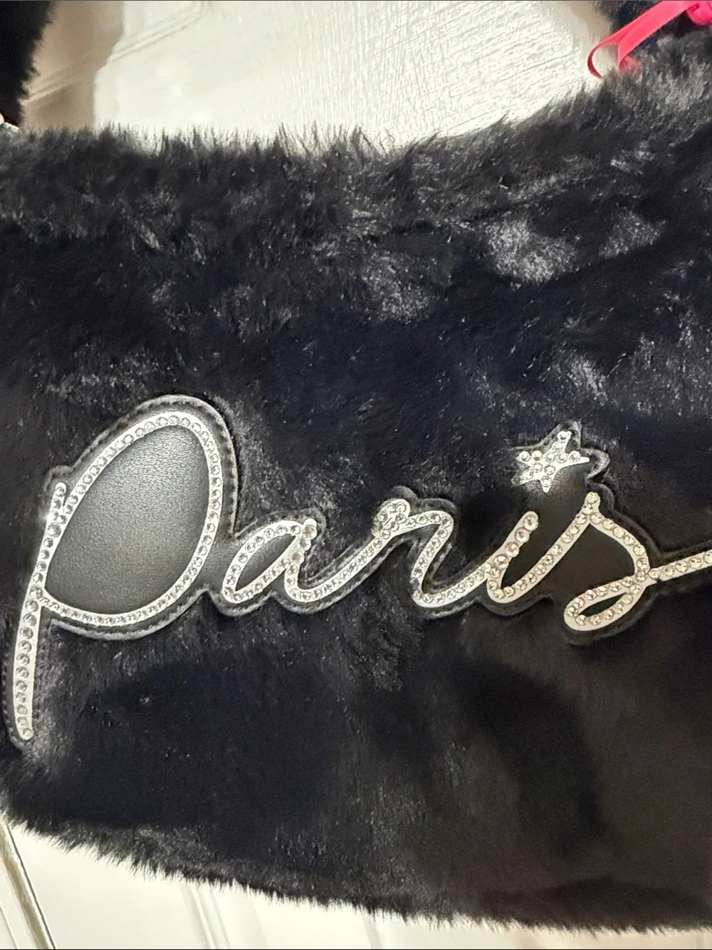 Paris Hilton Black Faux Forever Fur Baguette Bag with Silver Script